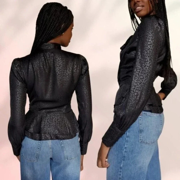 BARDOT Tie Blouse in Satin Black Leopard - Picture 2 of 16